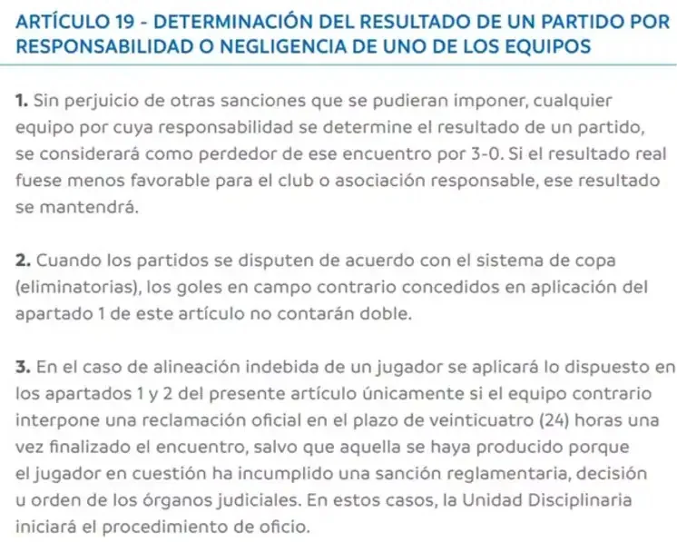 Texto em espanhol do artigo 19 do código disciplinar da Conmebol.