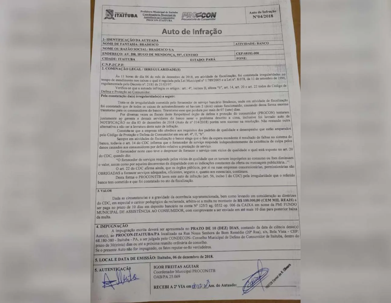 PROCON aplica multa no valor de 100 mil reais contra banco de Itaituba