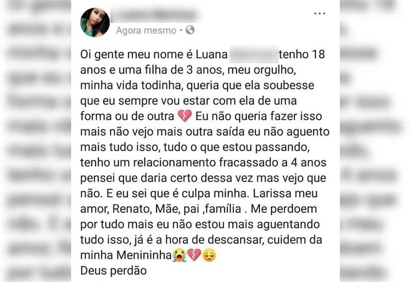 Post de despedida feito no facebook pela jovem.
