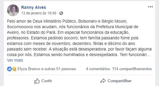 Desespero e indignação com atraso de salários levaram professora a fazer apelo na web — Foto: Reprod