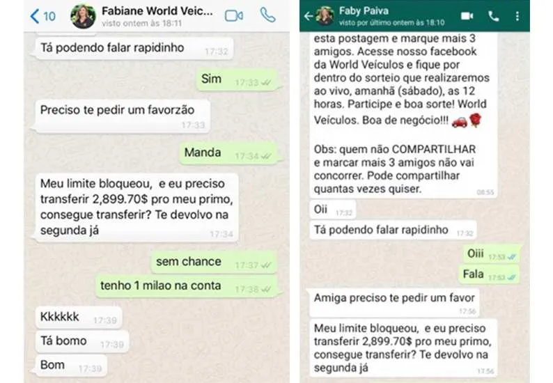 Prints com conversas entre o hacker e amigos da vítima.