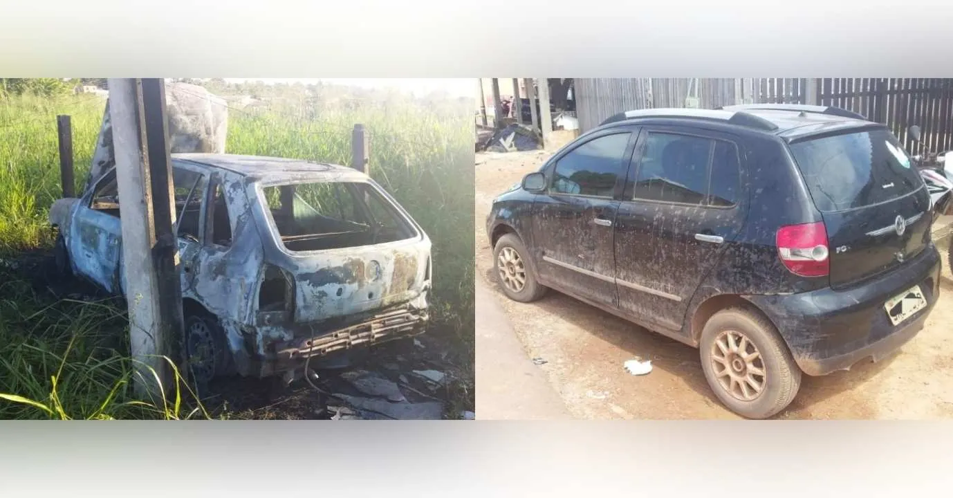Carro incendiado e veículo novo conseguido por intermédio de doação.