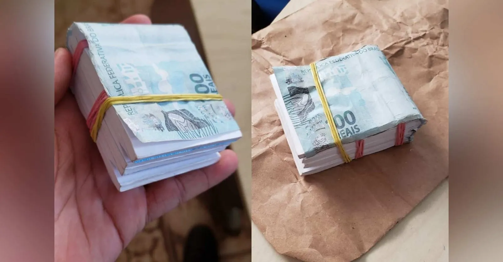 Nota falsa de R$ 100 com blocos de papel.