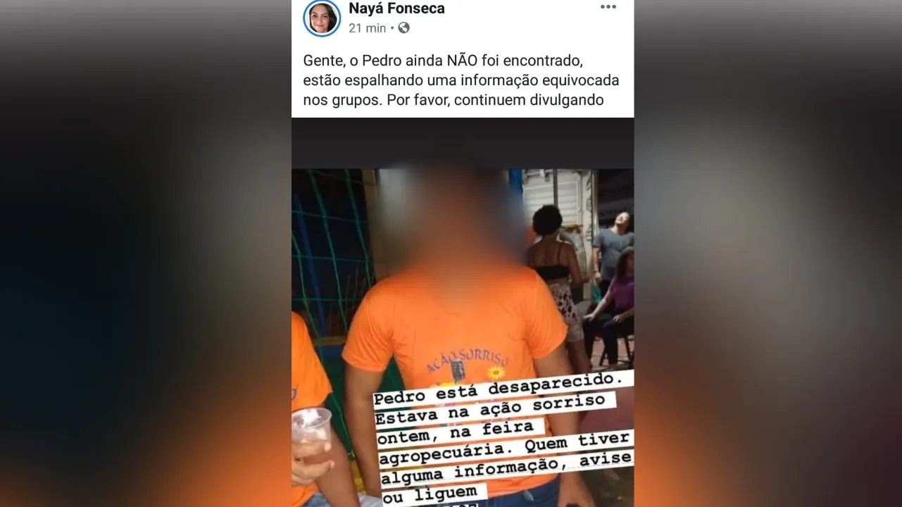 Publicação feita no Facebook na tentativa de encontrar Pedro.