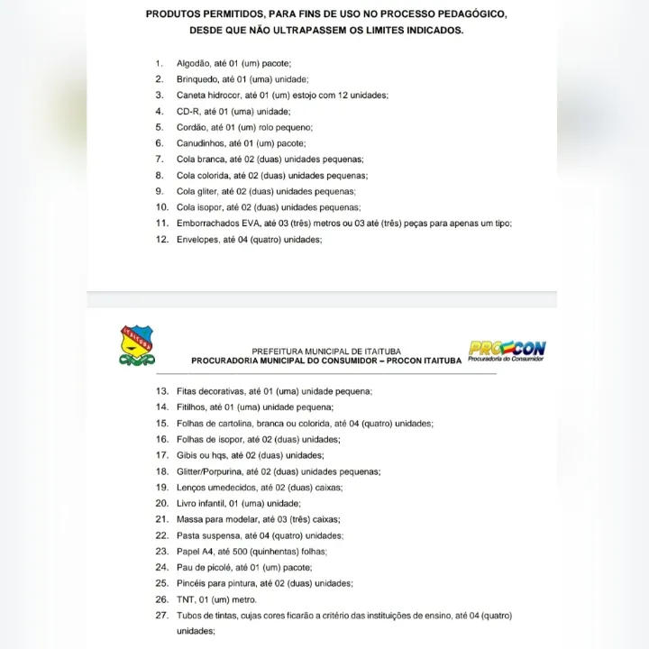 Produtos permitidos